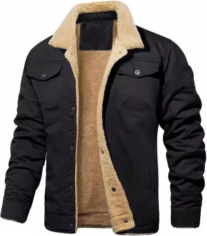 Men's Fleece-Lined Trucker Jacket, Button-Front,With Pockets Work Winter Thick Warm Coat