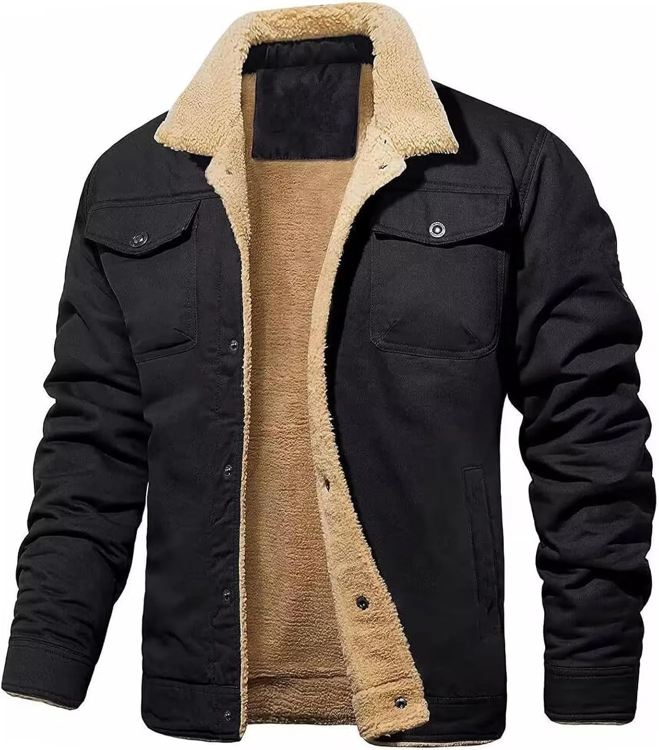 Men's Fleece-Lined Trucker Jacket, Button-Front,With Pockets Work Winter Thick Warm Coat