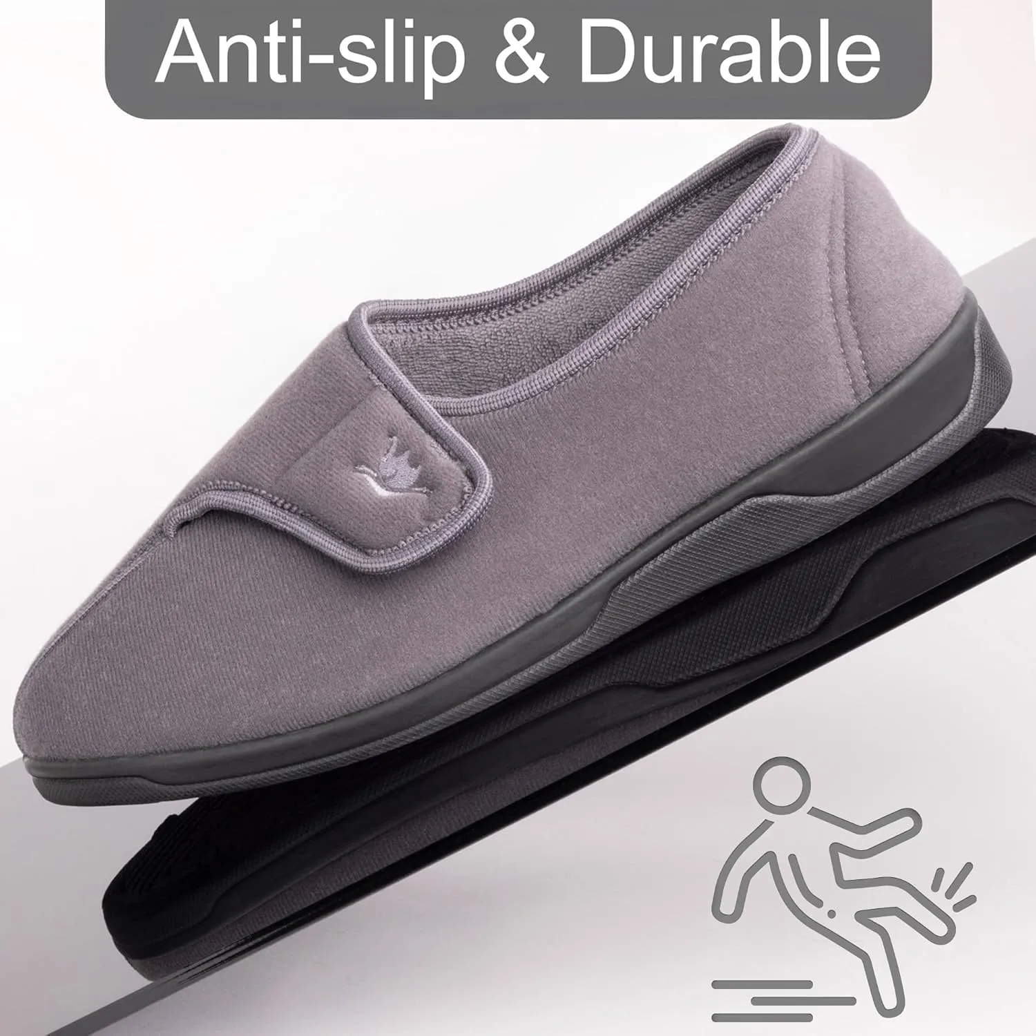 Men's Wide, Extra-Wide 80-D Memory Foam Adjustable Closure Slippers, Comfy Warm Plush Fleece Arthritis Edema Adjustable Closure House Shoes Breathable Machine Washable Indoor/Outdoor w/Anti Slip Sole