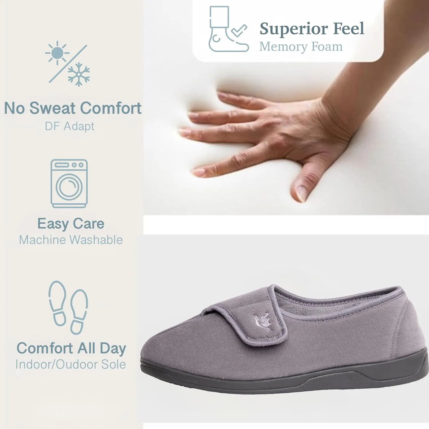 Men's Wide, Extra-Wide 80-D Memory Foam Adjustable Closure Slippers, Comfy Warm Plush Fleece Arthritis Edema Adjustable Closure House Shoes Breathable Machine Washable Indoor/Outdoor w/Anti Slip Sole