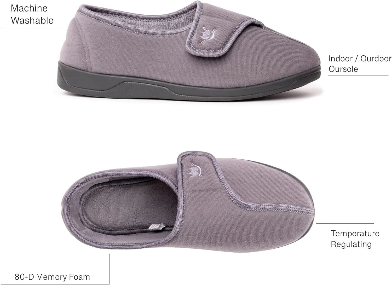 Men's Wide, Extra-Wide 80-D Memory Foam Adjustable Closure Slippers, Comfy Warm Plush Fleece Arthritis Edema Adjustable Closure House Shoes Breathable Machine Washable Indoor/Outdoor w/Anti Slip Sole