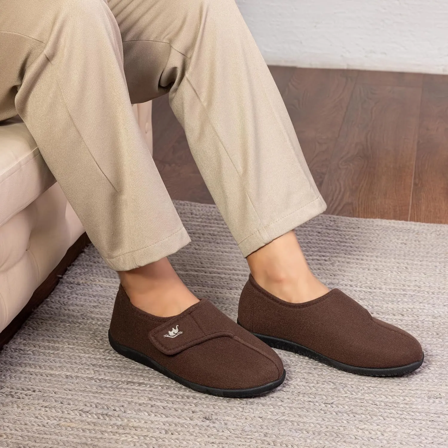 Men's Wide, Extra-Wide 80-D Memory Foam Adjustable Closure Slippers, Comfy Warm Plush Fleece Arthritis Edema Adjustable Closure House Shoes Breathable Machine Washable Indoor/Outdoor w/Anti Slip Sole