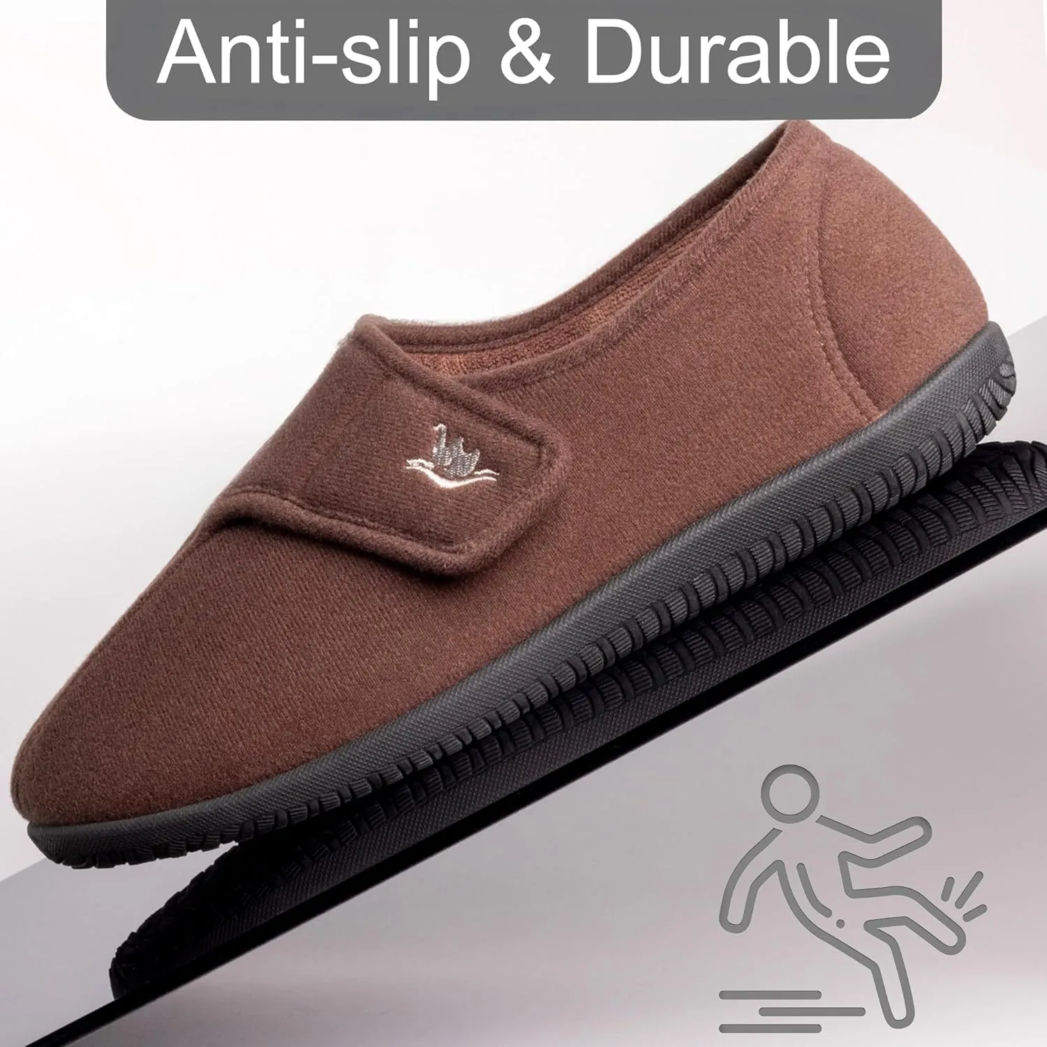 Men's Wide, Extra-Wide 80-D Memory Foam Adjustable Closure Slippers, Comfy Warm Plush Fleece Arthritis Edema Adjustable Closure House Shoes Breathable Machine Washable Indoor/Outdoor w/Anti Slip Sole