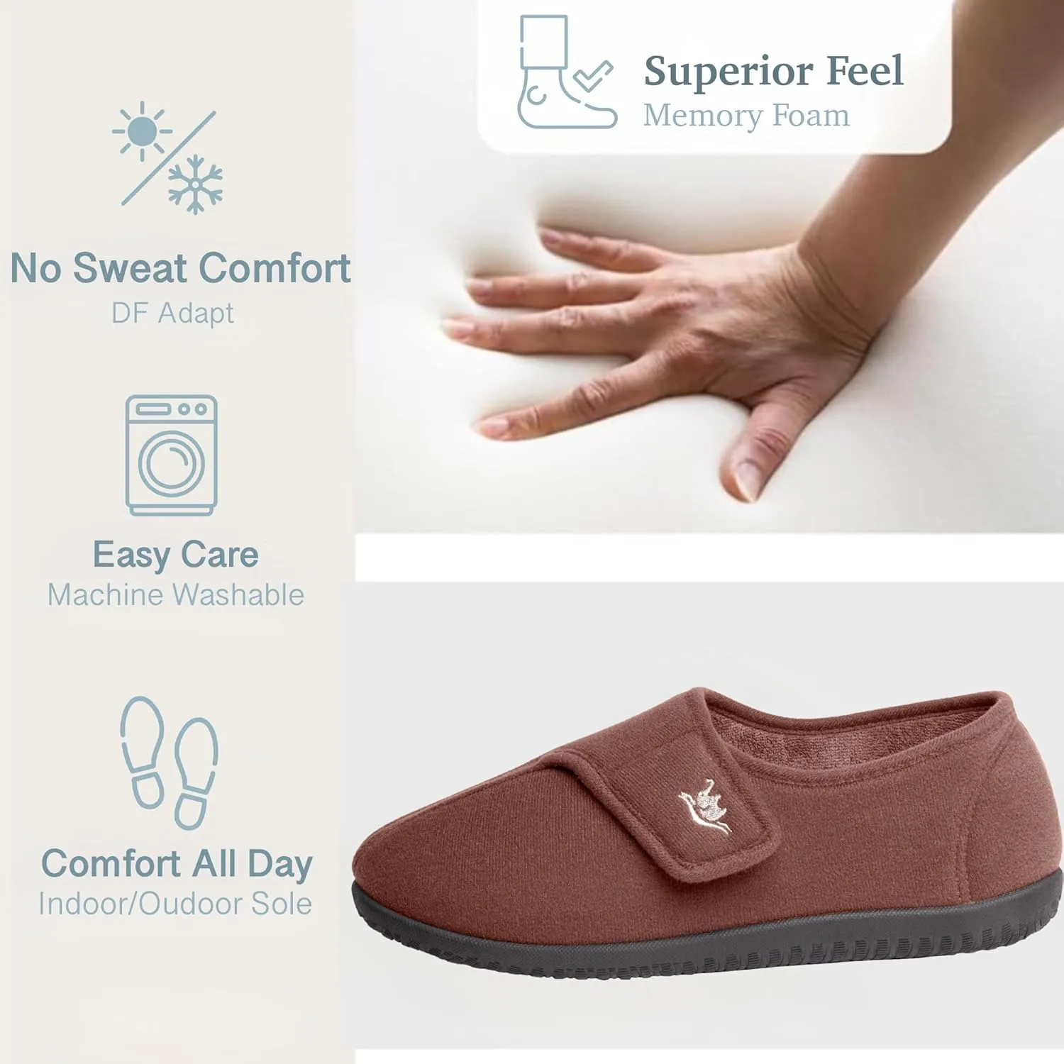 Men's Wide, Extra-Wide 80-D Memory Foam Adjustable Closure Slippers, Comfy Warm Plush Fleece Arthritis Edema Adjustable Closure House Shoes Breathable Machine Washable Indoor/Outdoor w/Anti Slip Sole