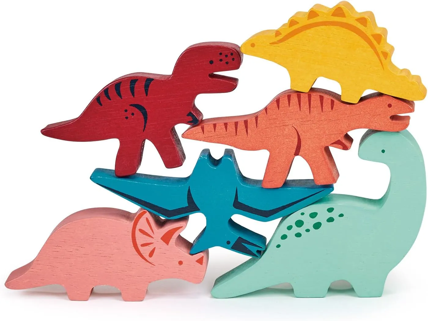 Mentari Toys - Happy Stacking Dinosaurs - 6pc Wooden Stacking Toy for Toddlers - Colorful Dinosaur Balancing Activity Toy with Bag - Boost Fine Motor Skills and Dexterity - Age 18m 