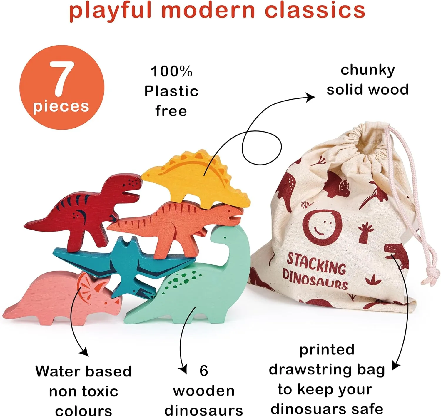 Mentari Toys - Happy Stacking Dinosaurs - 6pc Wooden Stacking Toy for Toddlers - Colorful Dinosaur Balancing Activity Toy with Bag - Boost Fine Motor Skills and Dexterity - Age 18m 