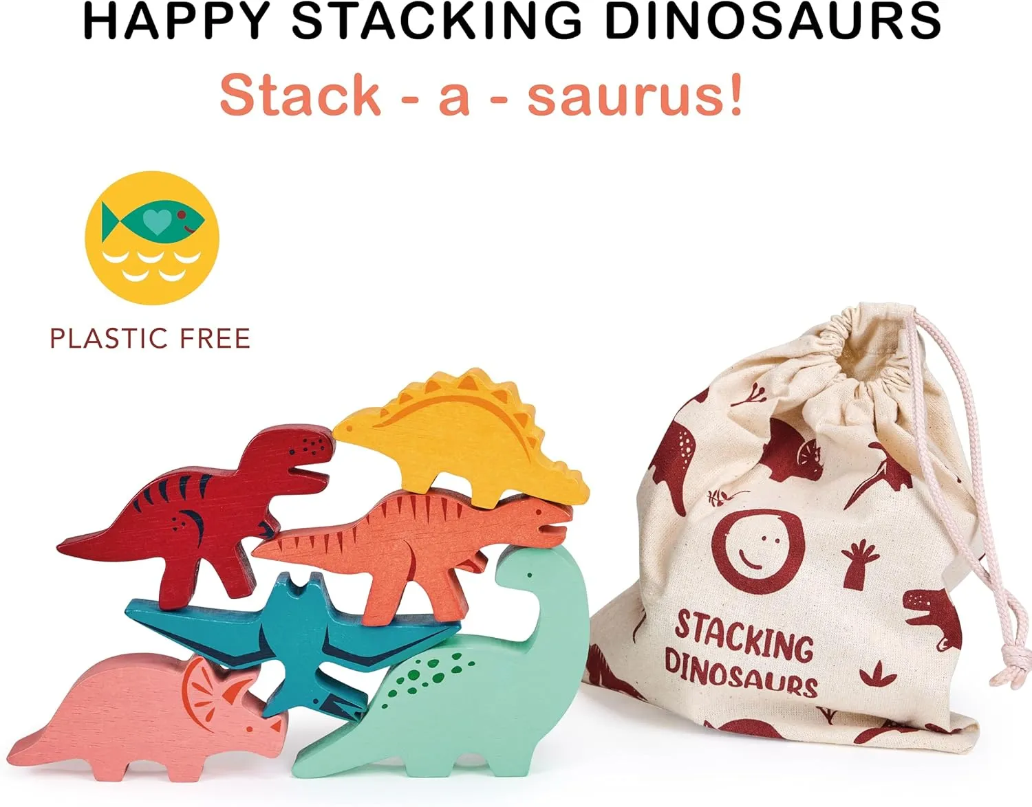 Mentari Toys - Happy Stacking Dinosaurs - 6pc Wooden Stacking Toy for Toddlers - Colorful Dinosaur Balancing Activity Toy with Bag - Boost Fine Motor Skills and Dexterity - Age 18m 