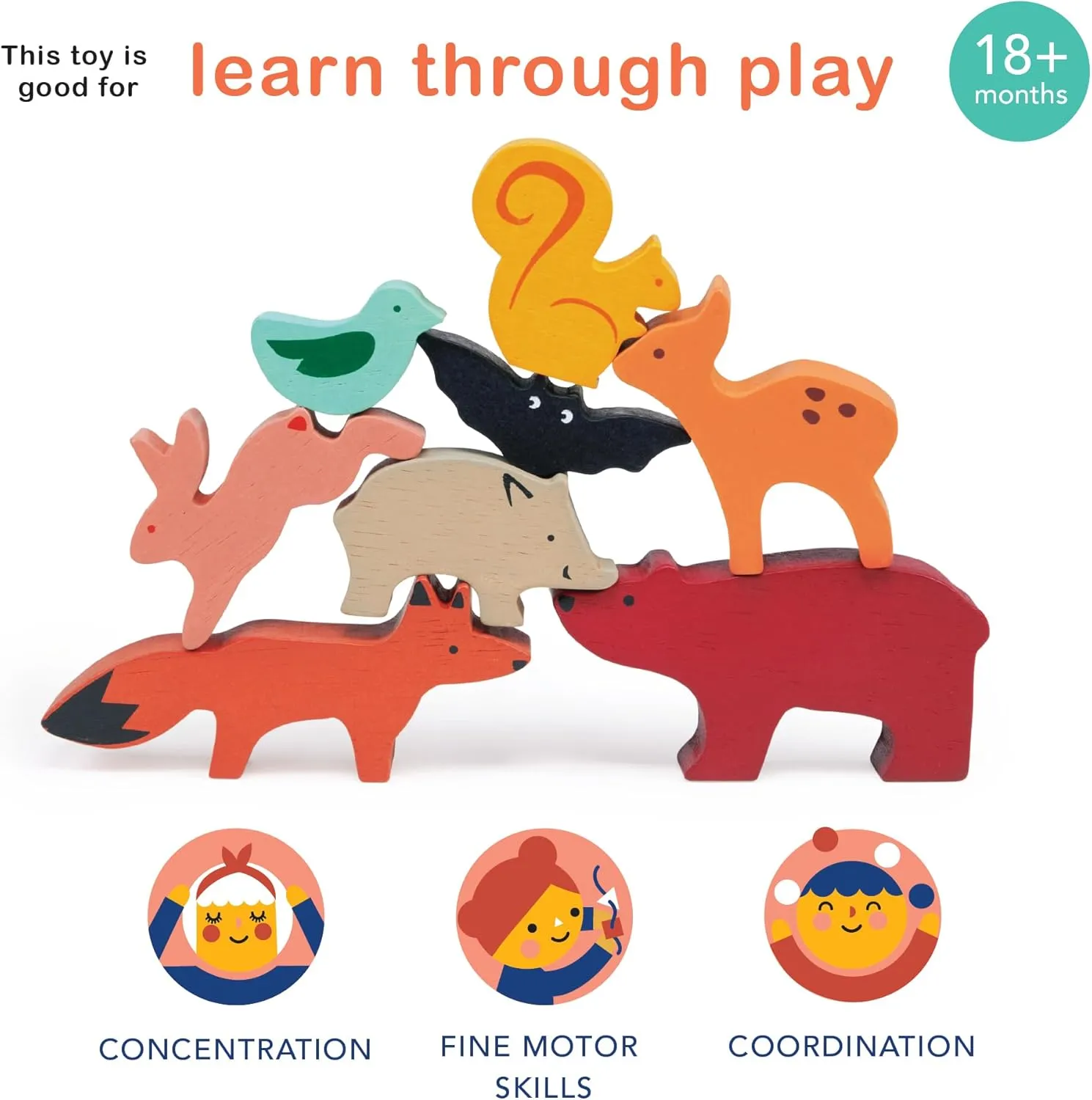Mentari Toys - Happy Stacking Forest - 8pc Wooden Stacking Toy for Toddlers - Colorful Nature Theme Balancing Activity Toy with Bag - Boost Fine Motor Skills and Dexterity - Educational Toy - Age 18m 
