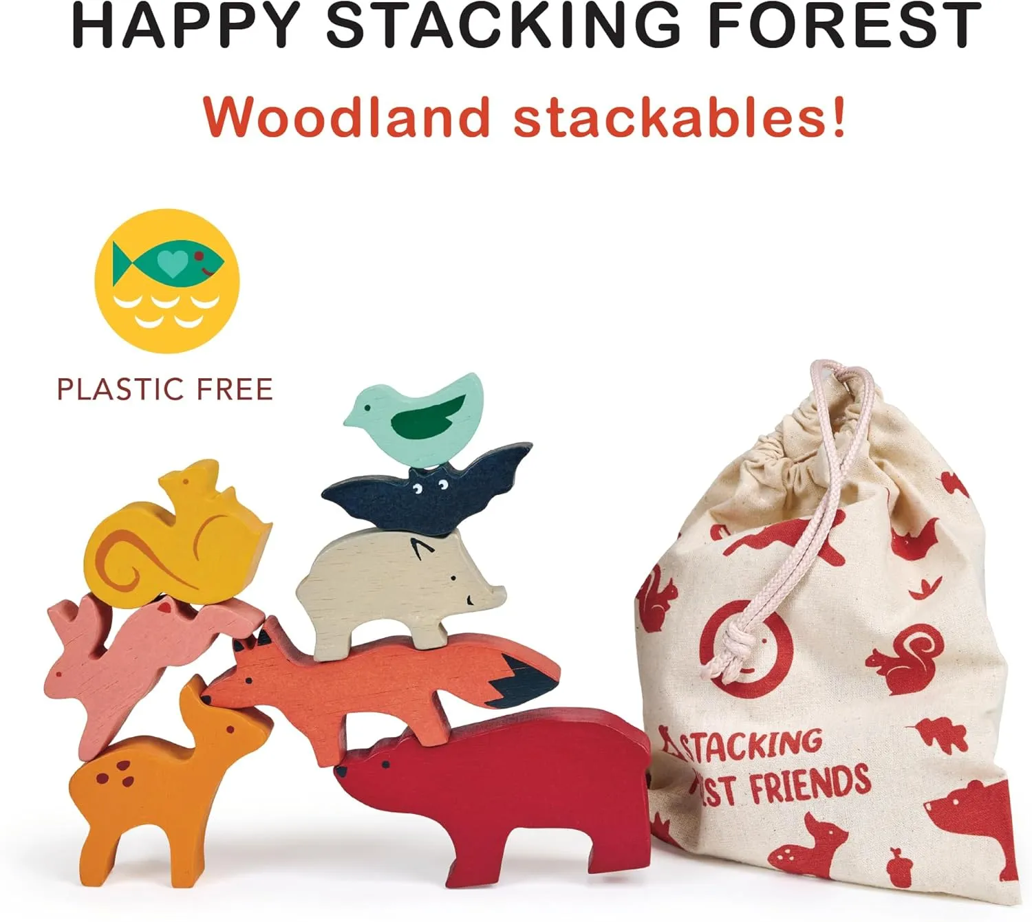 Mentari Toys - Happy Stacking Forest - 8pc Wooden Stacking Toy for Toddlers - Colorful Nature Theme Balancing Activity Toy with Bag - Boost Fine Motor Skills and Dexterity - Educational Toy - Age 18m 