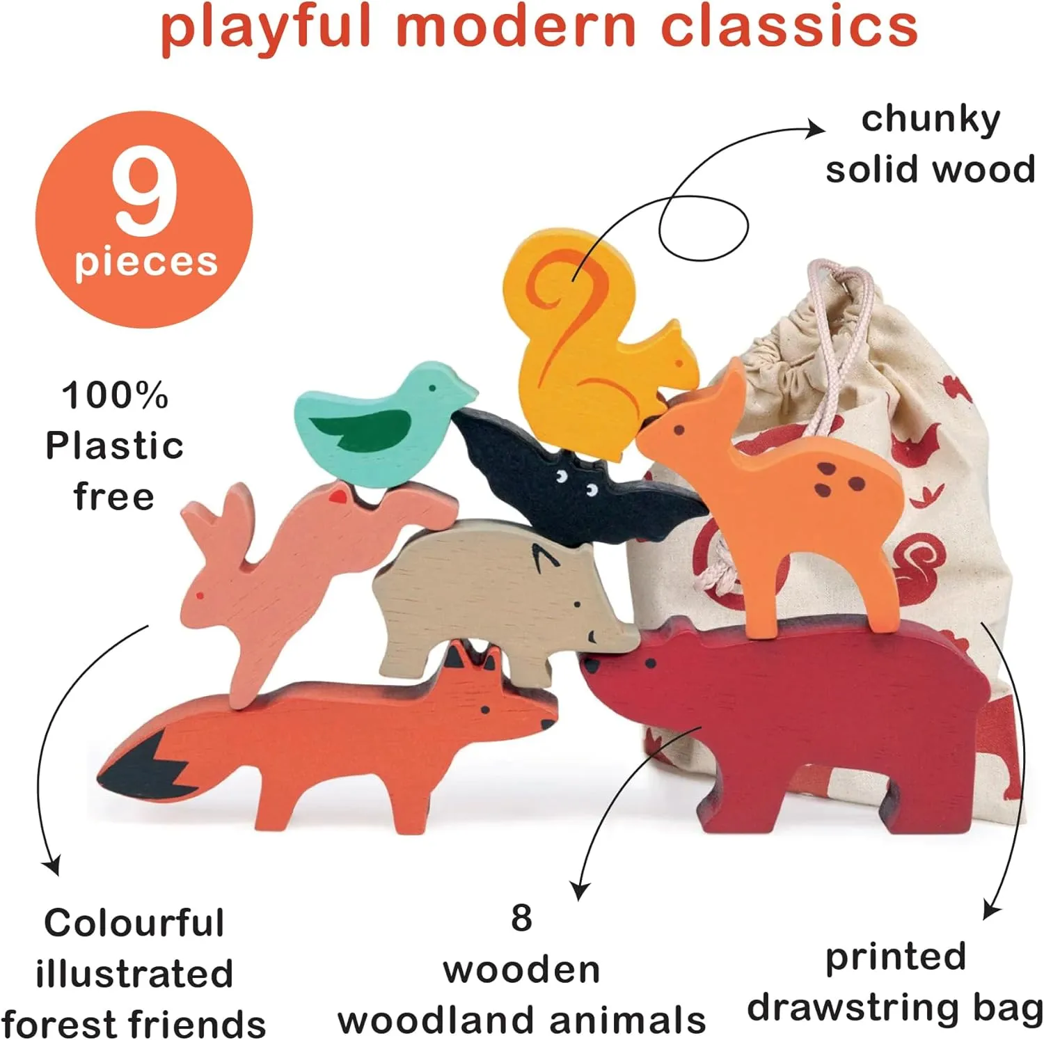 Mentari Toys - Happy Stacking Forest - 8pc Wooden Stacking Toy for Toddlers - Colorful Nature Theme Balancing Activity Toy with Bag - Boost Fine Motor Skills and Dexterity - Educational Toy - Age 18m 