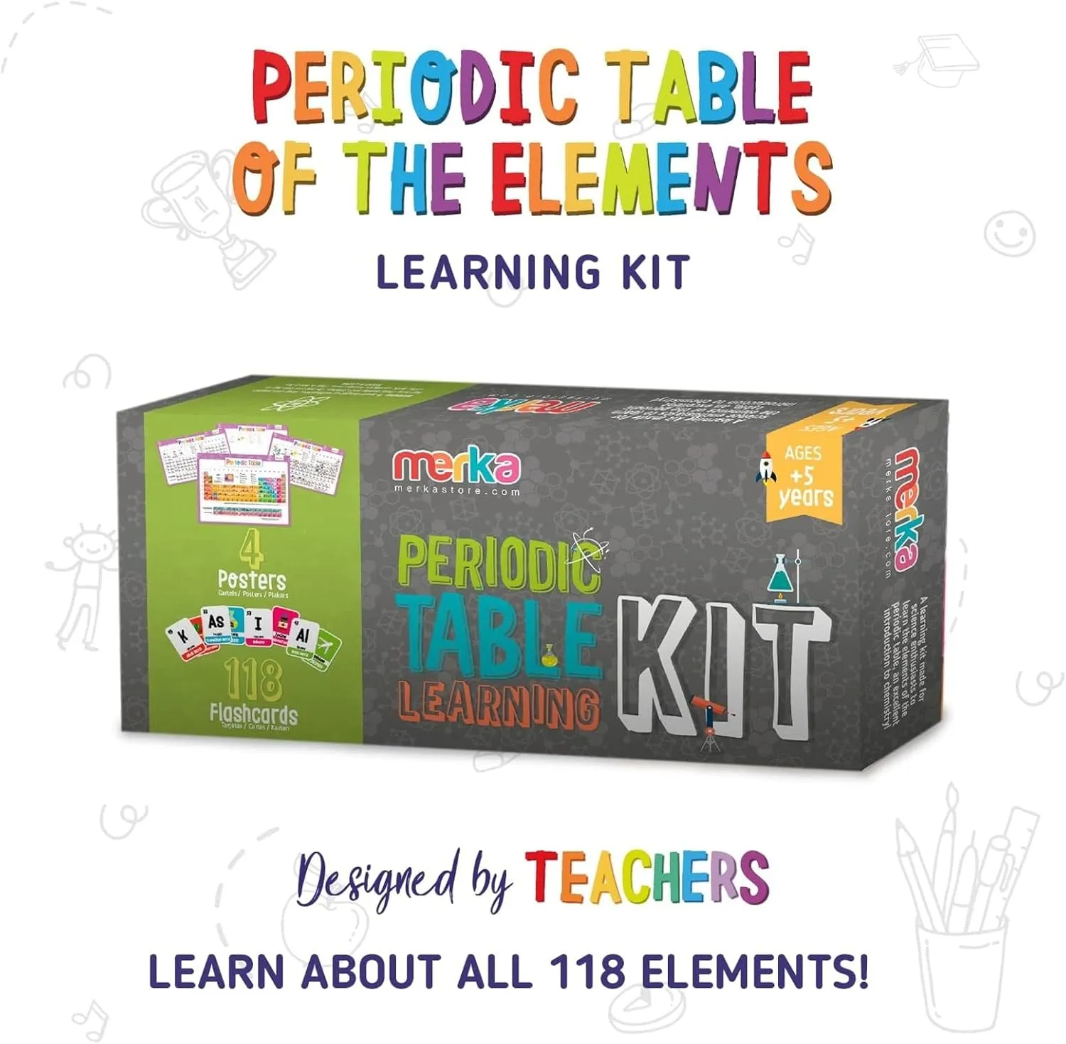 merka Toddlers Learning Kit, Learning Periodic Table, Chemistry and Science, Educational Toys Set with 4 Posters, 118 Flashcards, Practice Book with Exercises and Puzzles, Preschool Homeschool Kit