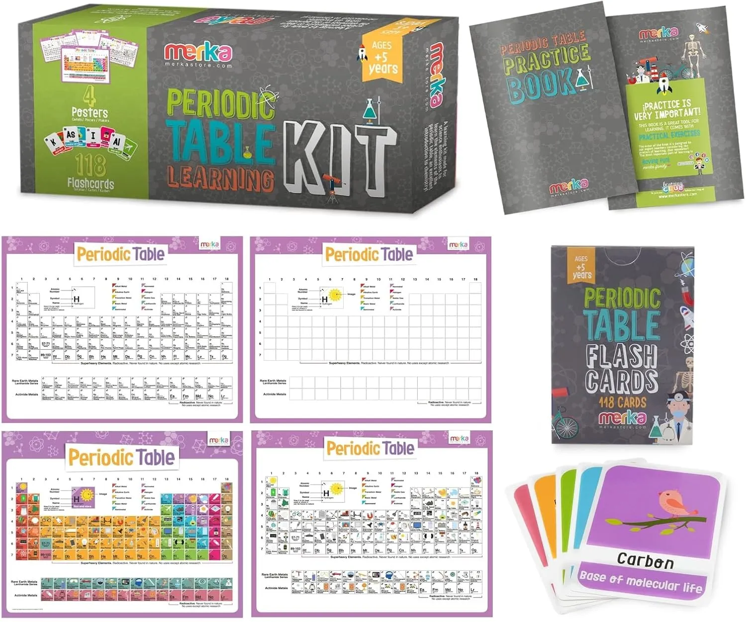 merka Toddlers Learning Kit, Learning Periodic Table, Chemistry and Science, Educational Toys Set with 4 Posters, 118 Flashcards, Practice Book with Exercises and Puzzles, Preschool Homeschool Kit