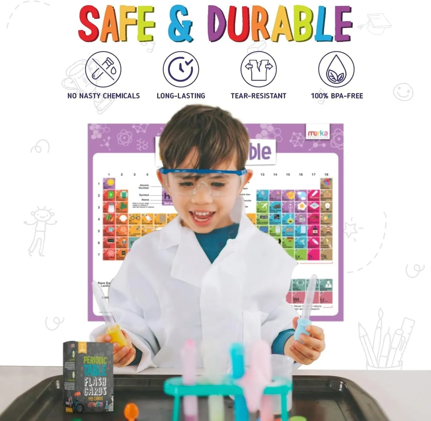 merka Toddlers Learning Kit, Learning Periodic Table, Chemistry and Science, Educational Toys Set with 4 Posters, 118 Flashcards, Practice Book with Exercises and Puzzles, Preschool Homeschool Kit