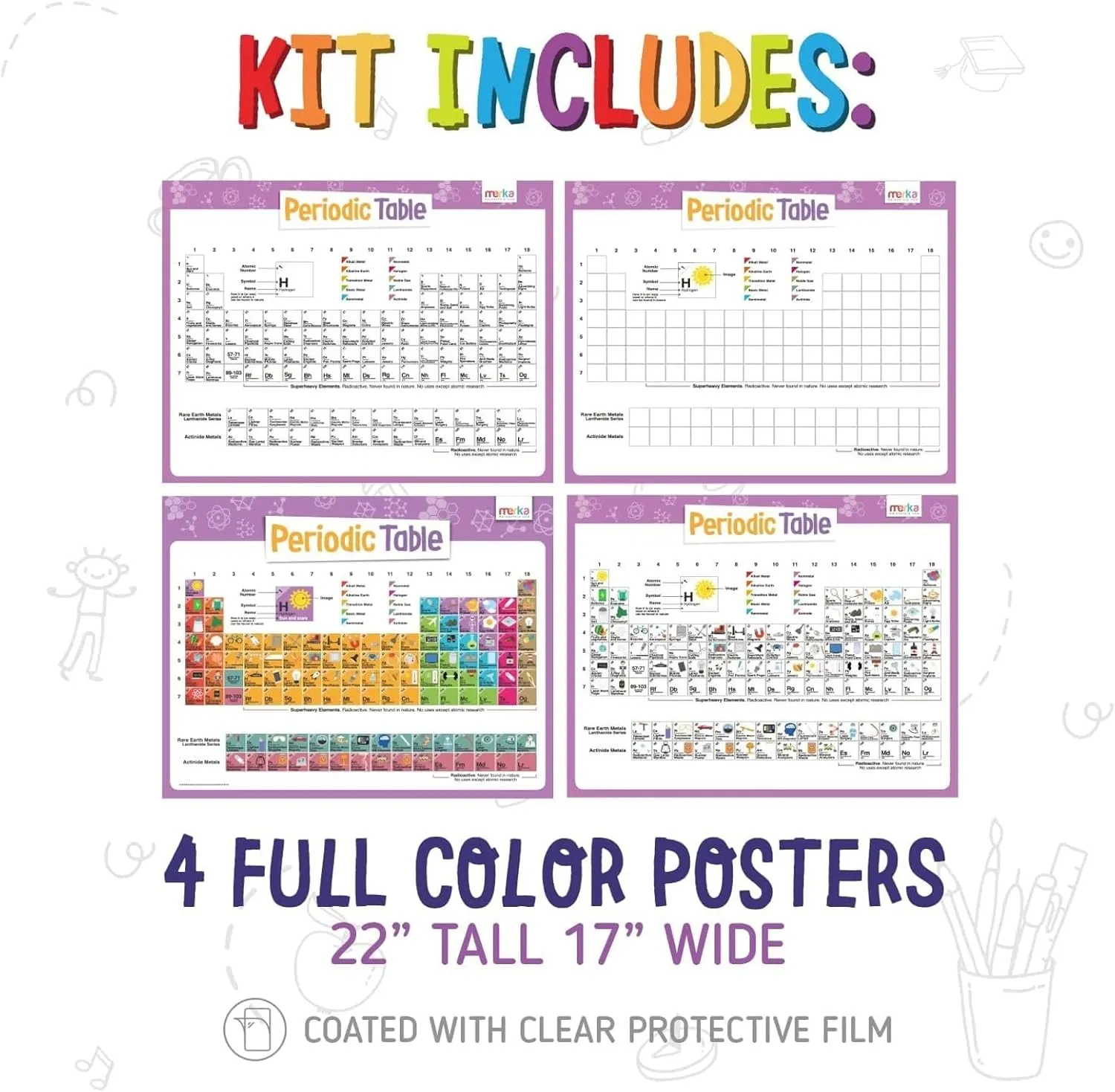 merka Toddlers Learning Kit, Learning Periodic Table, Chemistry and Science, Educational Toys Set with 4 Posters, 118 Flashcards, Practice Book with Exercises and Puzzles, Preschool Homeschool Kit