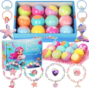 Mermaid Bath Bombs for Kids Girls with Jewelry Toys Inside, 12 Pcs Natural Fizzy Princess Fun Bubble Bath Bomb with Surprise Inside, Christmas Easter Basket Stuffer Valentines Day Birthday Gift Set