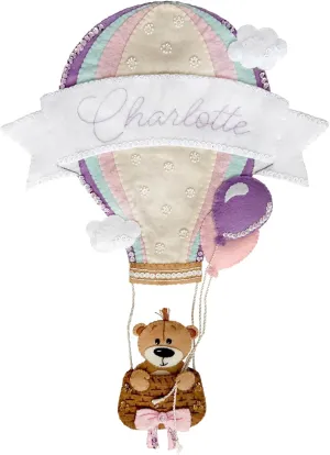 MerryStockings Hello Little One Felt Nursery Kit – Hot Air Balloon (Girl Version) – DIY Personalized Baby Name Wall Hanging Decoration – Pre-Stamped Felt Craft Kit with Bear, Balloons & Clouds