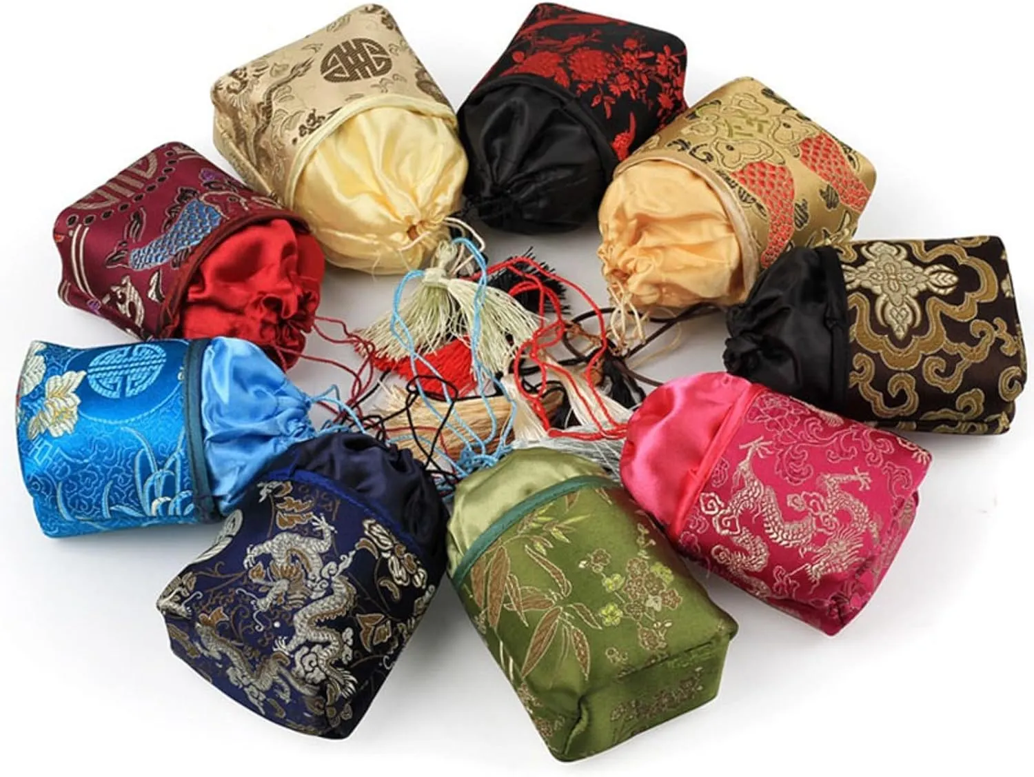 MIAO JIN 8Pcs Silk Brocade Drawstring Jewelry Pouch Bag Coin Purse traditional Embroider Sugar Gift bag for Women Girls Necklace Earring Bracelet Lipstick (Random Color)