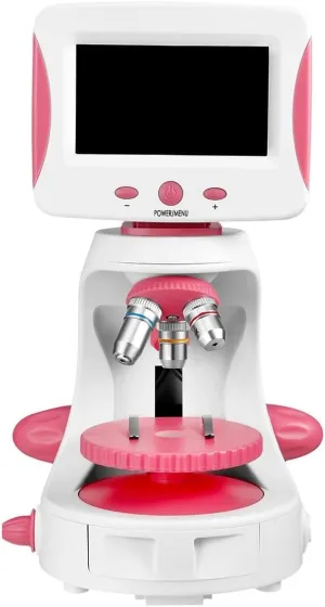 Microscope 2000X Digital Microscope with 5'' LCD Screen USB Rechargeable Round Stage Laboratory Science Teaching(Pink)