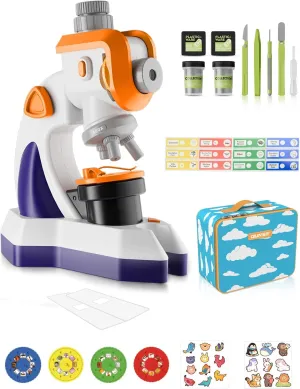 Microscope for Kids 100X-1200X Multifunctional Projector - Kids Beginner Microscope STEM Kit, Blank and Prepared Slides, Projection Film, LED Light and Carrying Box