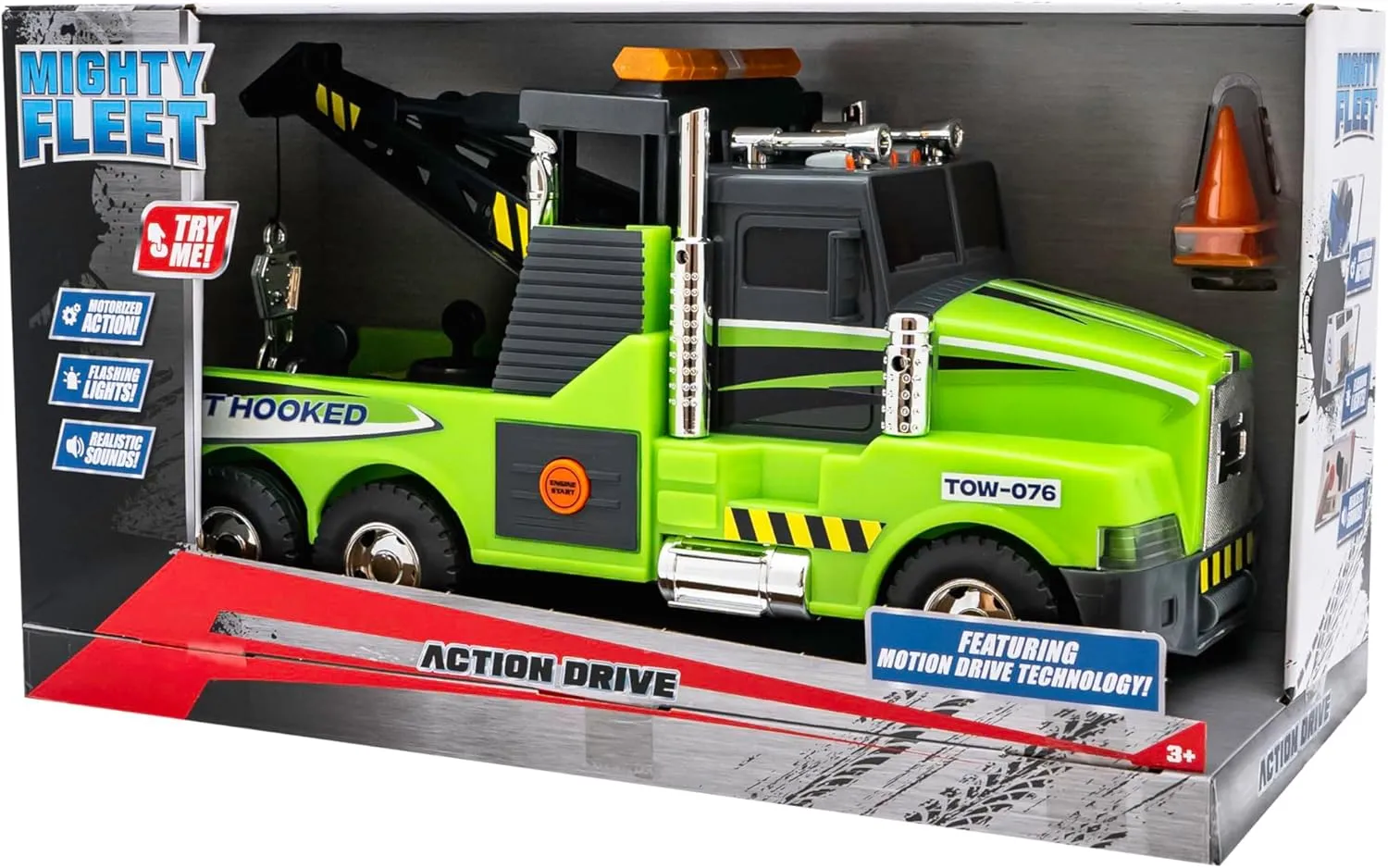 Mighty Fleet Action Drive 16" Interactive Tow Truck Toy w/Lights & Sounds, Motorized Winch, Motion Drive Action, Realistic Design & Batteries Included - Age 3 