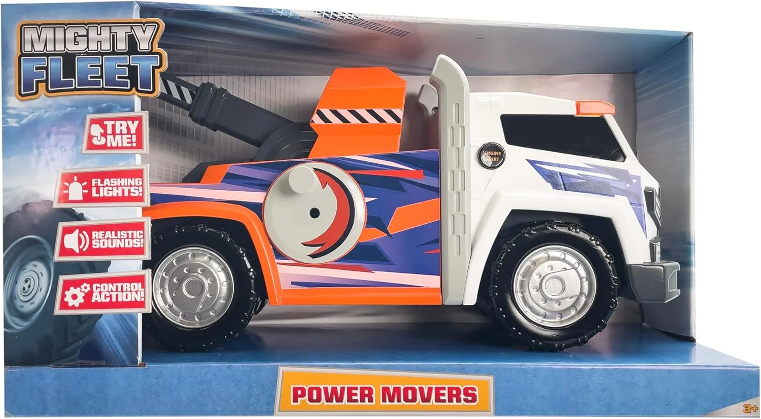Mighty Fleet Power Movers 15" Interactive Tow Truck Toy w/Lights & Sounds, Motorized Winch, Realistic Design & Batteries Included - Age 3 