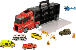 Mighty Motors: Mega Big Rig Carry Case - Red -15.75" Heavy Hauler Truck Storage Case w/Car Launch, 6 Die-Cast Vehicles & Accessories, Toy Kids Age 3 