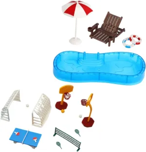 Milisten 2Set Dollhouse Swimming Pool Accessories with Miniature Beach Chair Pool Float Umbrella Basketball Hoop for Playhouse DIY Fairy Garden Decor Indoor Outdoor Fun