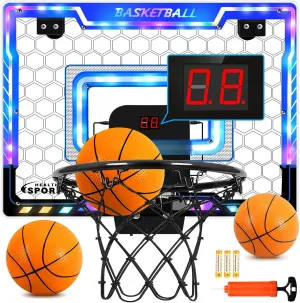 Mini Basketball Hoop Indoor with Scorer and Batteries, Indoor Basketball Hoop Over The Door with Colorful LED Lighting, Toy Basketball Set for Boys Girls Age 3 4 5 6 7 8