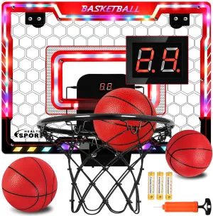 Mini Basketball Hoop Indoor with Scorer and Batteries, Indoor Basketball Hoop Over The Door with Colorful LED Lighting, Toy Basketball Set for Boys Girls Age 3 4 5 6 7 8