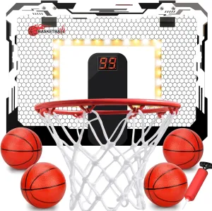 Mini Indoor Basketball Hoop for Kids Adults, Over Door Mini Hoop with Ball for Room Office, LED Light Glow In The Dark, Lawn Wall Pool Scoreboard Basketball Game, 3-12 Years, Larger 17x12Inch