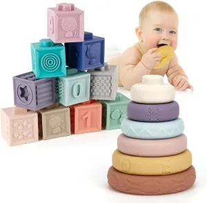 Mini Tudou Baby Blocks & Stacking Circles Toy Set, Baby Sensory Building & Teething Toys Educational Squeeze Play with Animals Shapes Textures Numbers, Best for Toddlers Babies 6m 