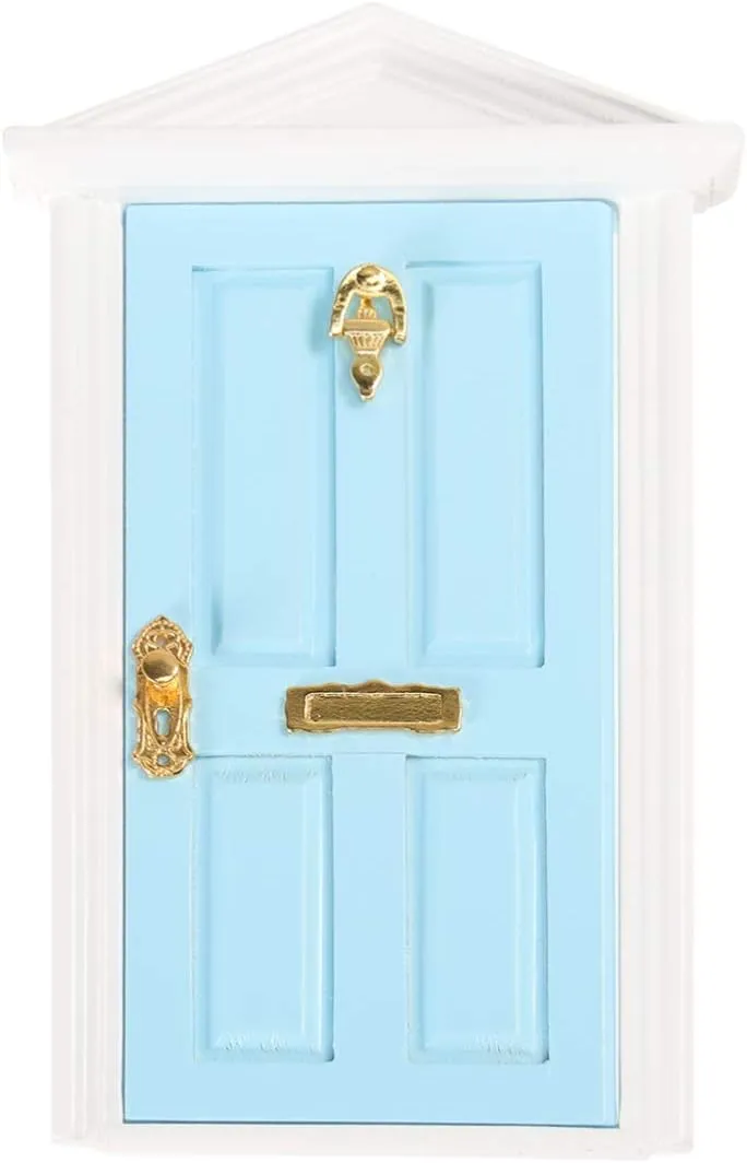 Mini Wooden Door, 1:12 Dollhouse Miniature Wooden Door, Miniature Furniture Mode Fairy Door for Fairy Tale Education Learning (Blue)