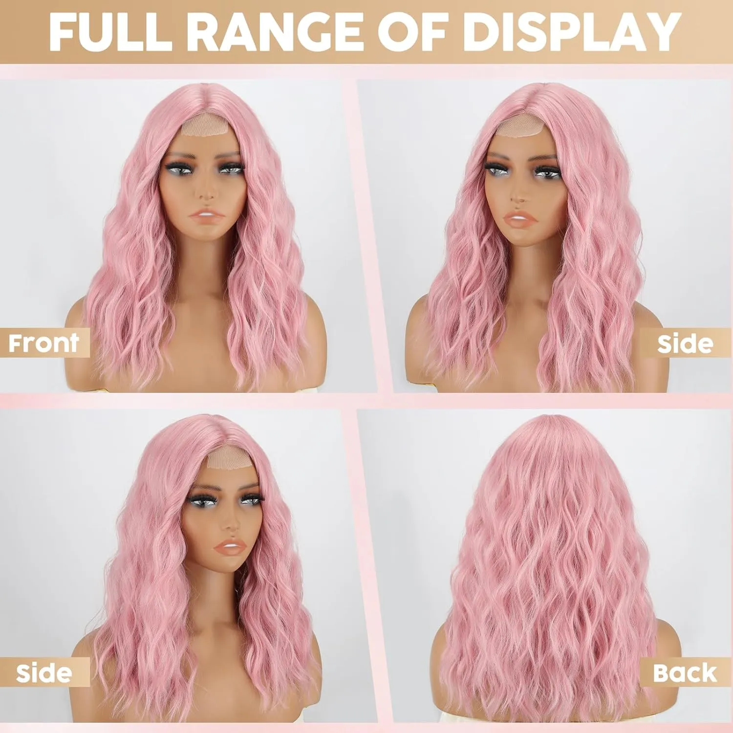 MISSQUEEN 18Inch Shrot Wavy Pink Wigs for Women Synthetic Heat-resistant Natural Realistic Middle Parting Light Pink Hair for Everyday Hairstyle Cosplay Party Halloween Use