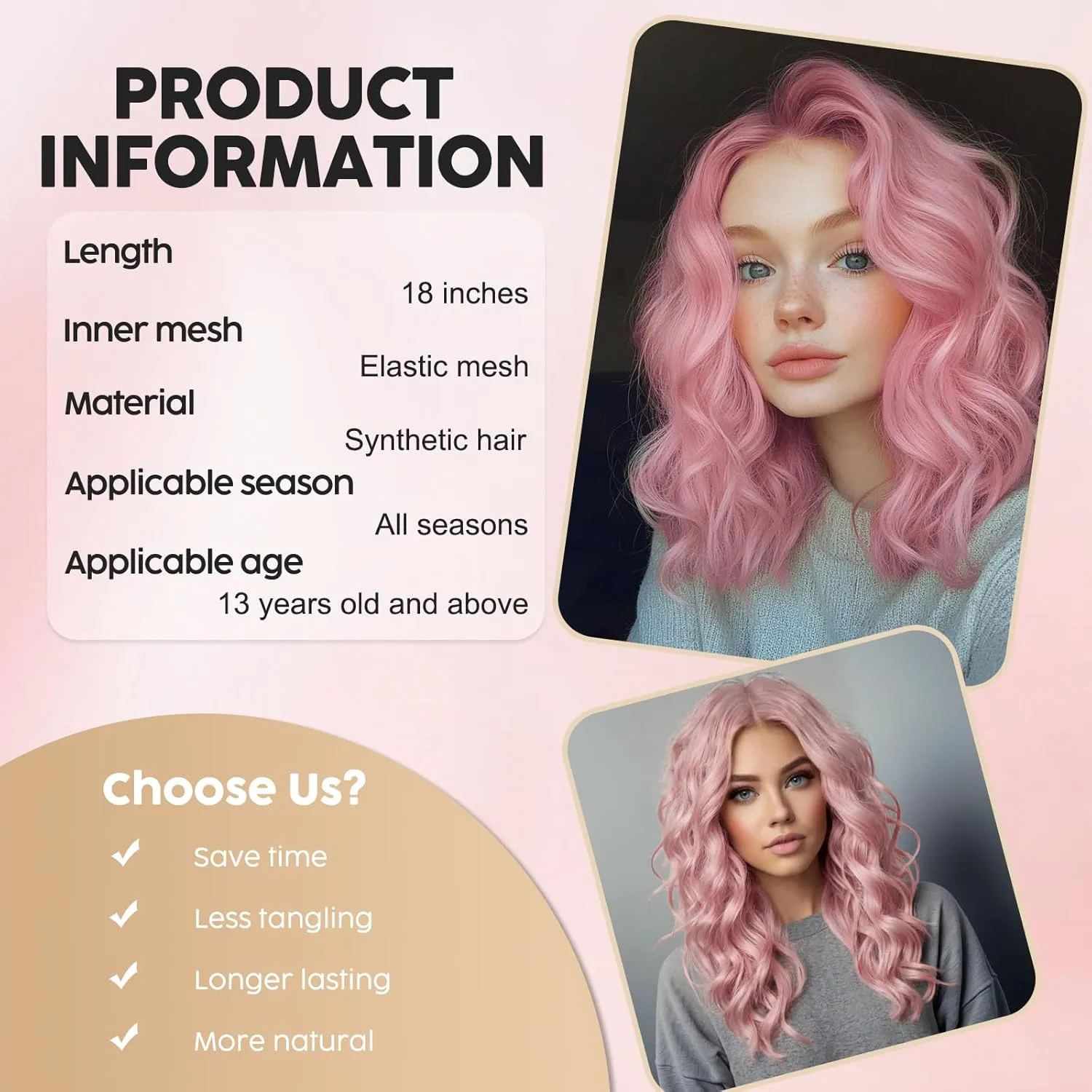 MISSQUEEN 18Inch Shrot Wavy Pink Wigs for Women Synthetic Heat-resistant Natural Realistic Middle Parting Light Pink Hair for Everyday Hairstyle Cosplay Party Halloween Use