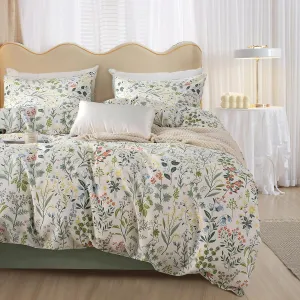 mixinni Fresh Soft Aesthetic Green Floral Comforter Set Queen Size, Boho Cottagecore Wildflowers Leaves Bedding Set, 1 Shabby Chic Comforter and 2 Pillowcases for All Seasons-Queen Size