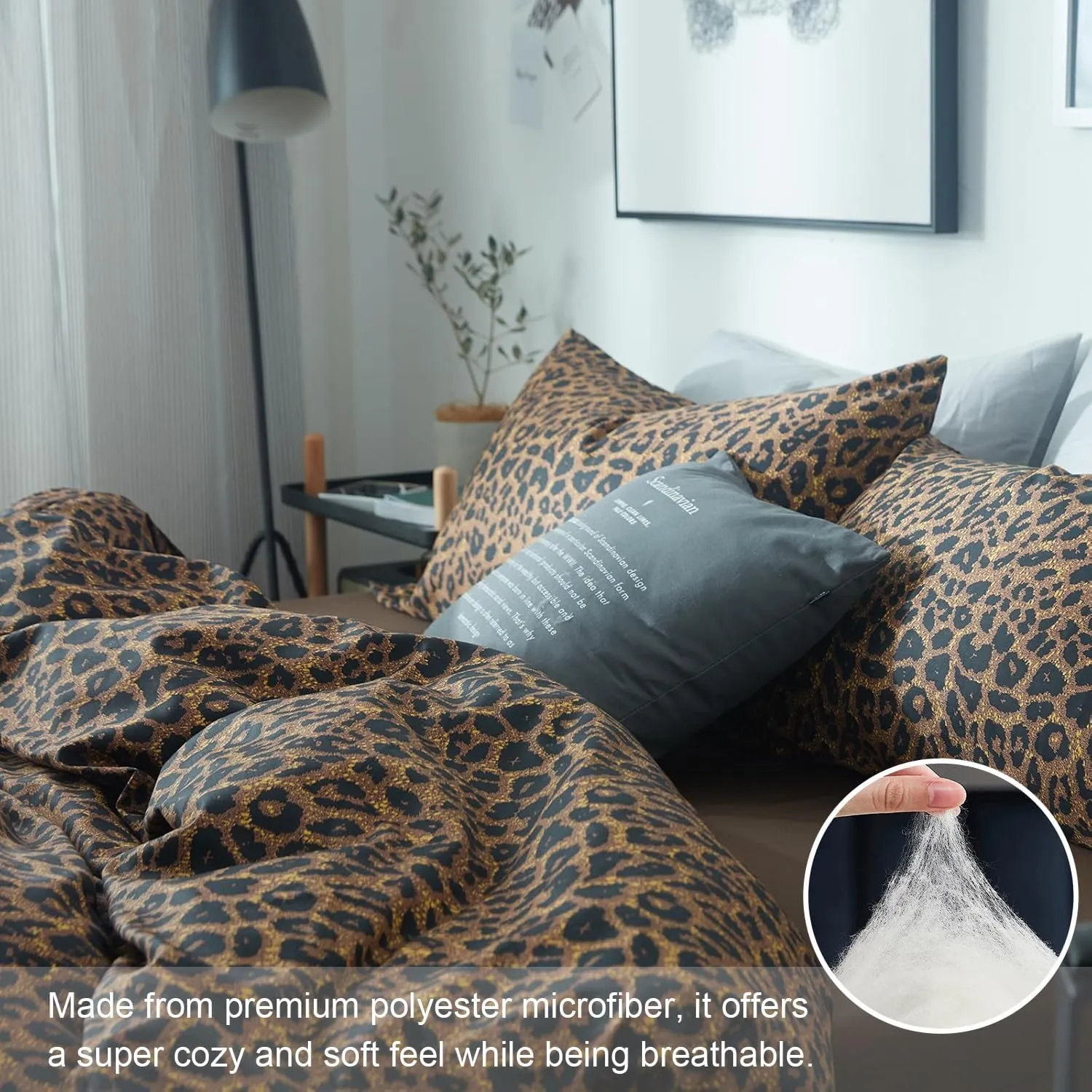 mixinni Leopard Print Queen Size Comforter Set-3 Pieces Animal Cheetah Printed Comforter Sexy Soft Fluffy Brown/Black Floral Print Bedding Set with 2 Pillowcases for All Season-Queen Size