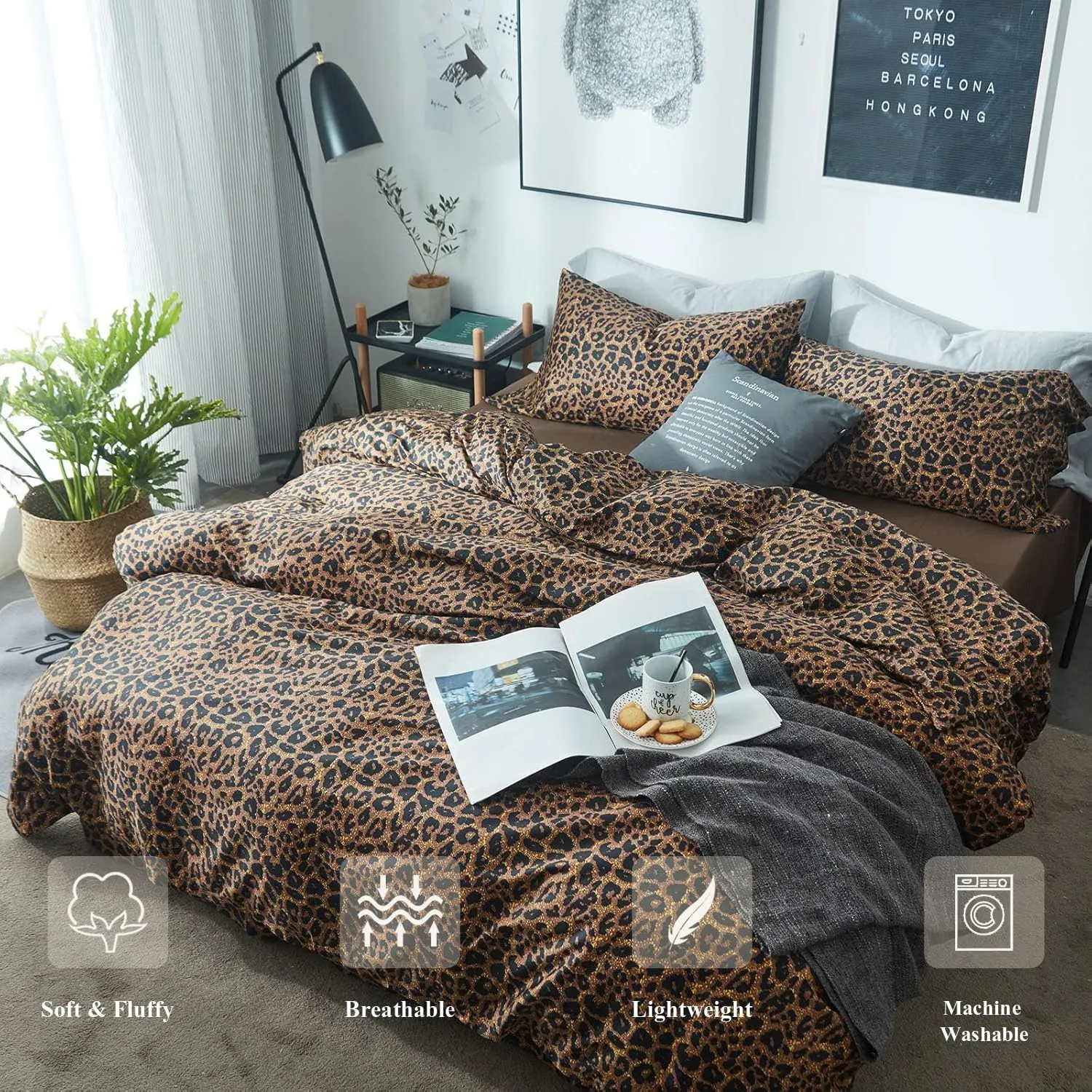 mixinni Leopard Print Queen Size Comforter Set-3 Pieces Animal Cheetah Printed Comforter Sexy Soft Fluffy Brown/Black Floral Print Bedding Set with 2 Pillowcases for All Season-Queen Size