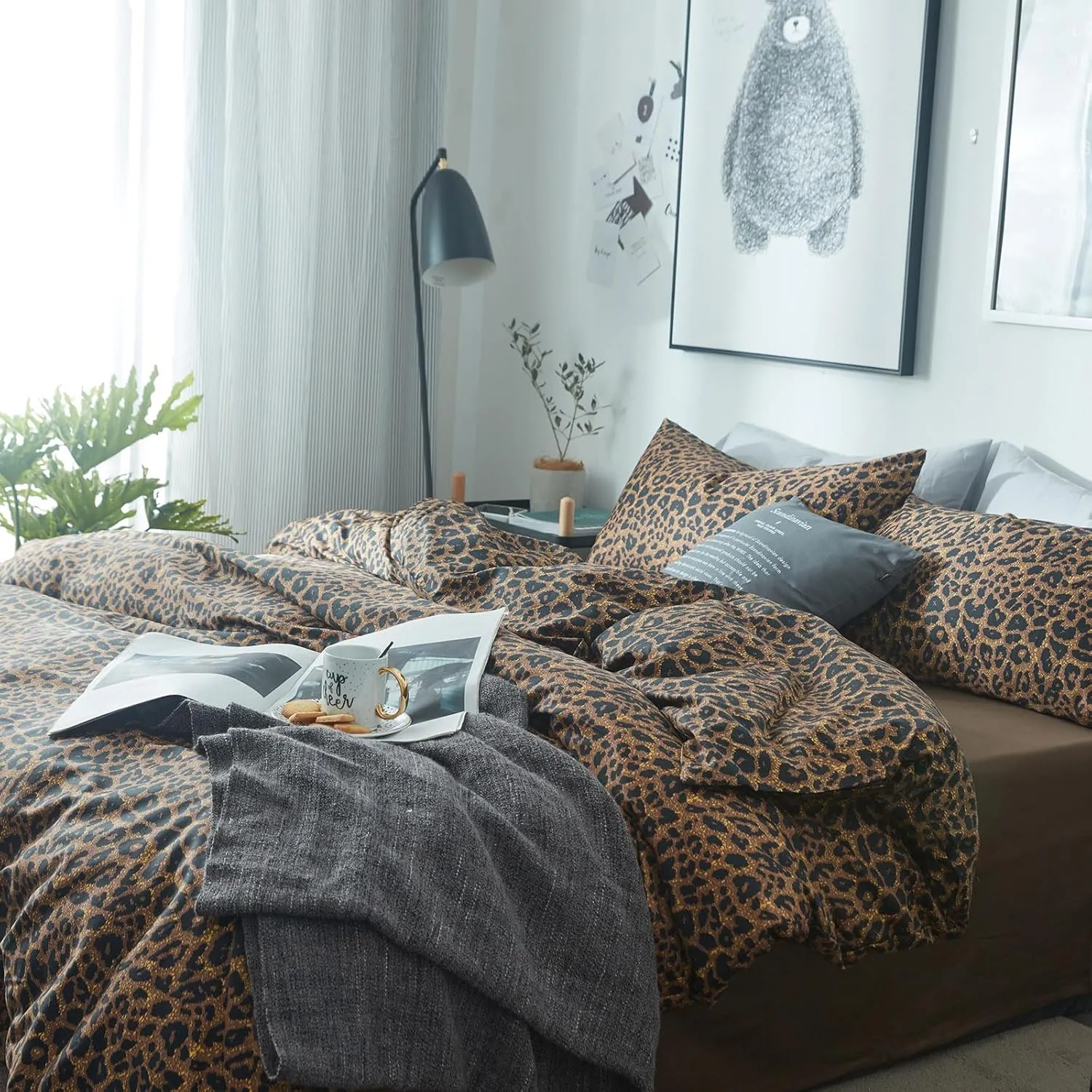mixinni Leopard Print Queen Size Comforter Set-3 Pieces Animal Cheetah Printed Comforter Sexy Soft Fluffy Brown/Black Floral Print Bedding Set with 2 Pillowcases for All Season-Queen Size