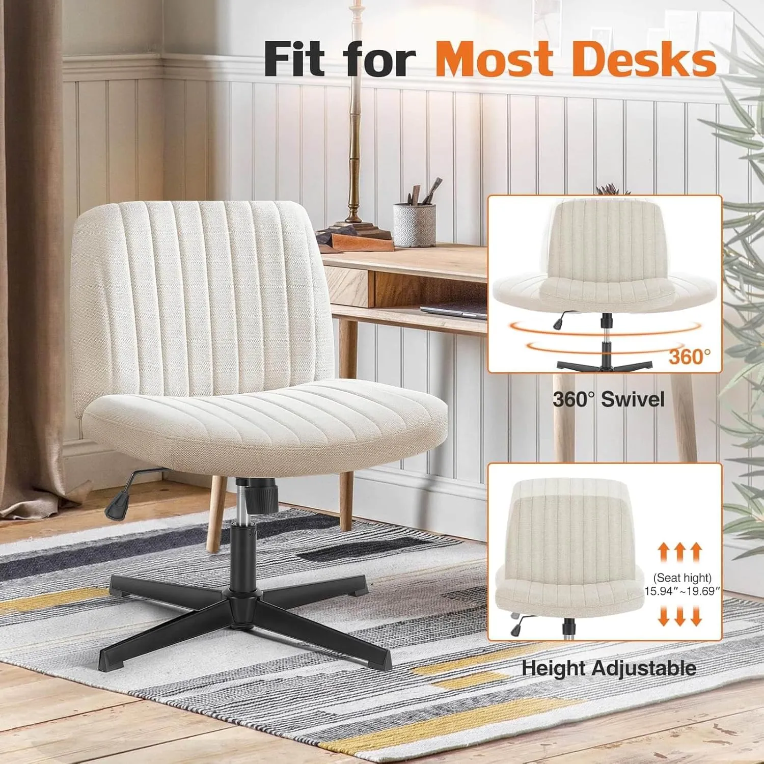 Modern Armless Criss Cross Office Chair, Wide Comfy Vanity Chair with Back, Adjustable Height, Beige Cloth Stripe