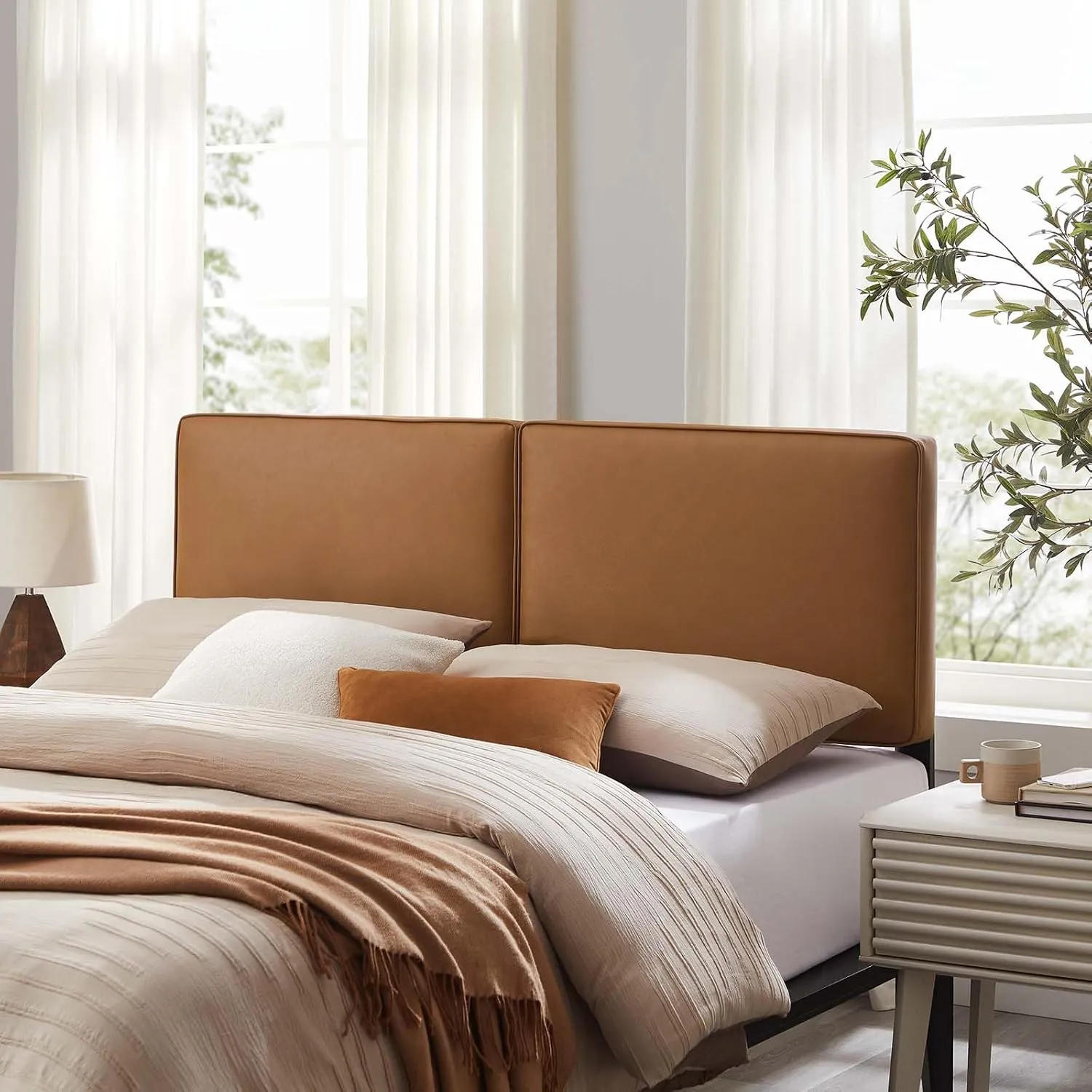 Modway Lindee Full Size Upholstered Headboard with Tan Vegan Leather - Modern Faux Leather Full Headboard with Height-Adjustable Mounting Positions - Padded Pillow Style
