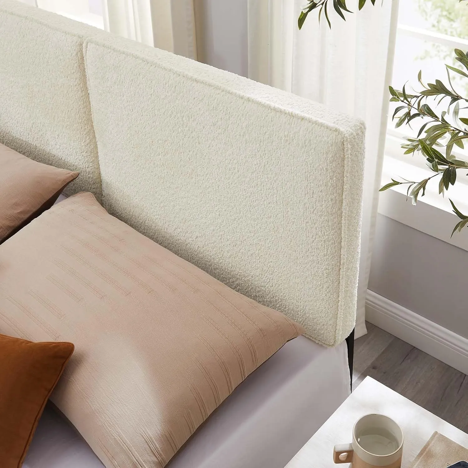 Modway Lindee Full Size Upholstered Headboard with Tan Vegan Leather - Modern Faux Leather Full Headboard with Height-Adjustable Mounting Positions - Padded Pillow Style