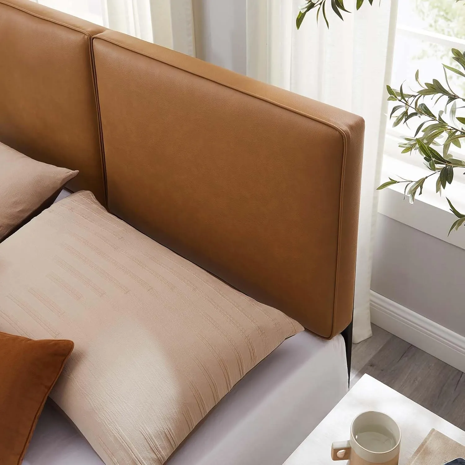 Modway Lindee Full Size Upholstered Headboard with Tan Vegan Leather - Modern Faux Leather Full Headboard with Height-Adjustable Mounting Positions - Padded Pillow Style