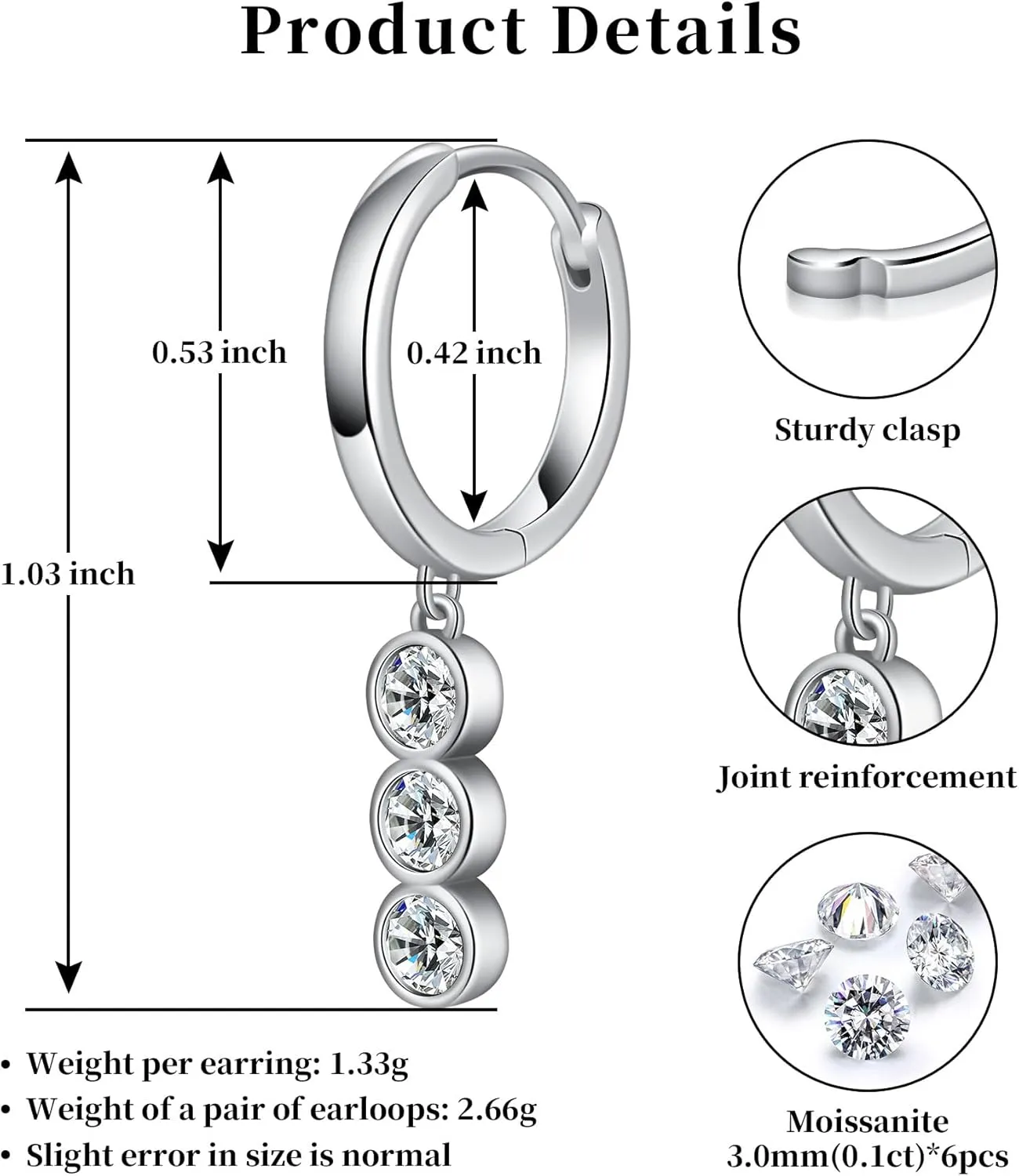 Moissanite Hoop Earrings for Women Moissanite Drop Dangle Earrings Bubbles D Color VVS1 Clarity 18K White Gold Plated 925 Sterling Silver Round Cut