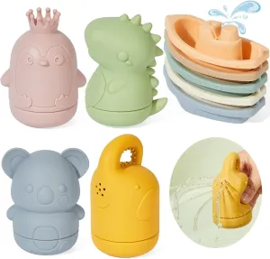 Mold-Free Baby Bath Toys | 9PCS Floating Boats & Squeeze Toys for Babies 6-12M & Toddlers 1-3Y | Non-Toxic Bathtub, Pool & Water Table Toys | Silicone Sensory Bath Play with Safe Stacking Boats