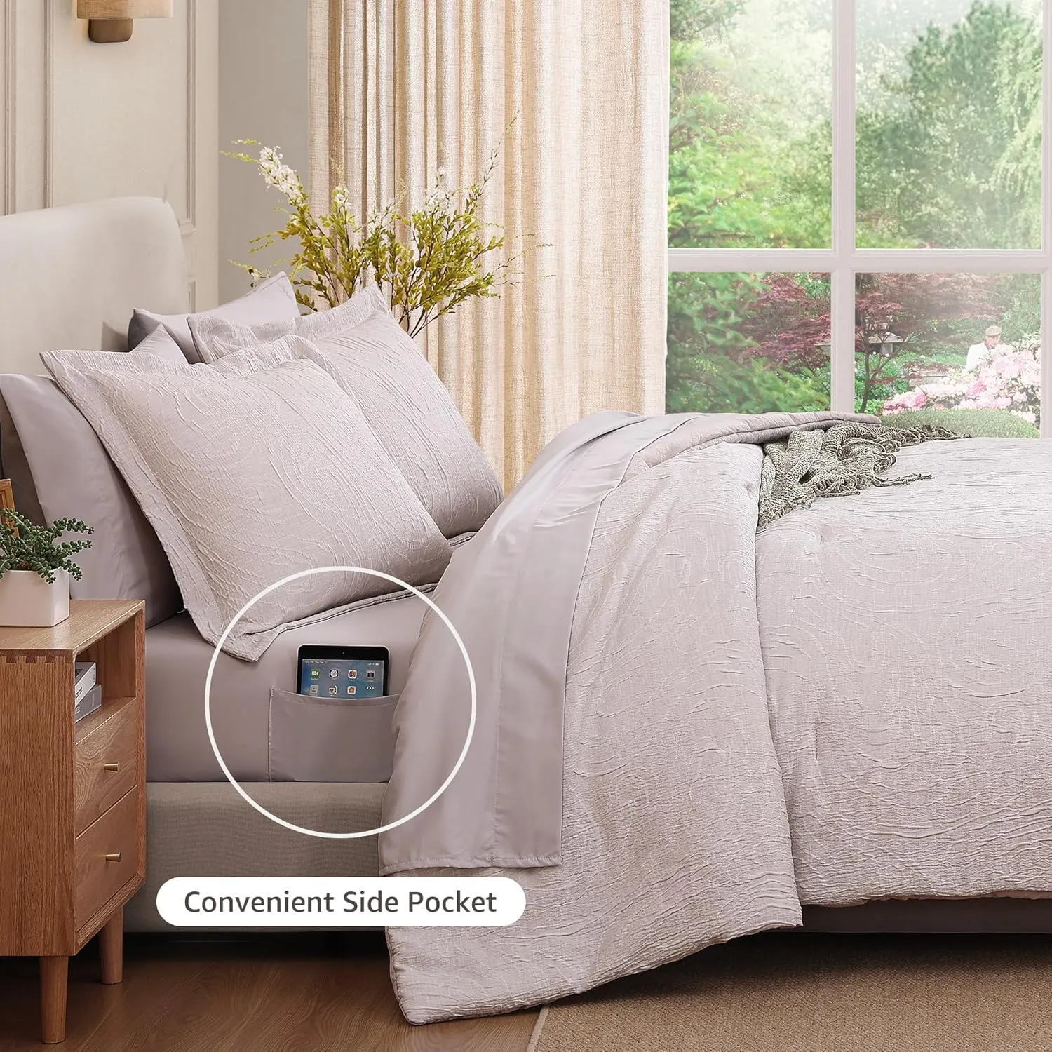 Monbix Jacquard Full Size Comforter Sets, 7 Pieces Pebble Marble Farmhouse Bedding Set, All Season Bed in a Bag with Comforter, Sheets, Pillowcases & Shams (Full, 80''x90'')