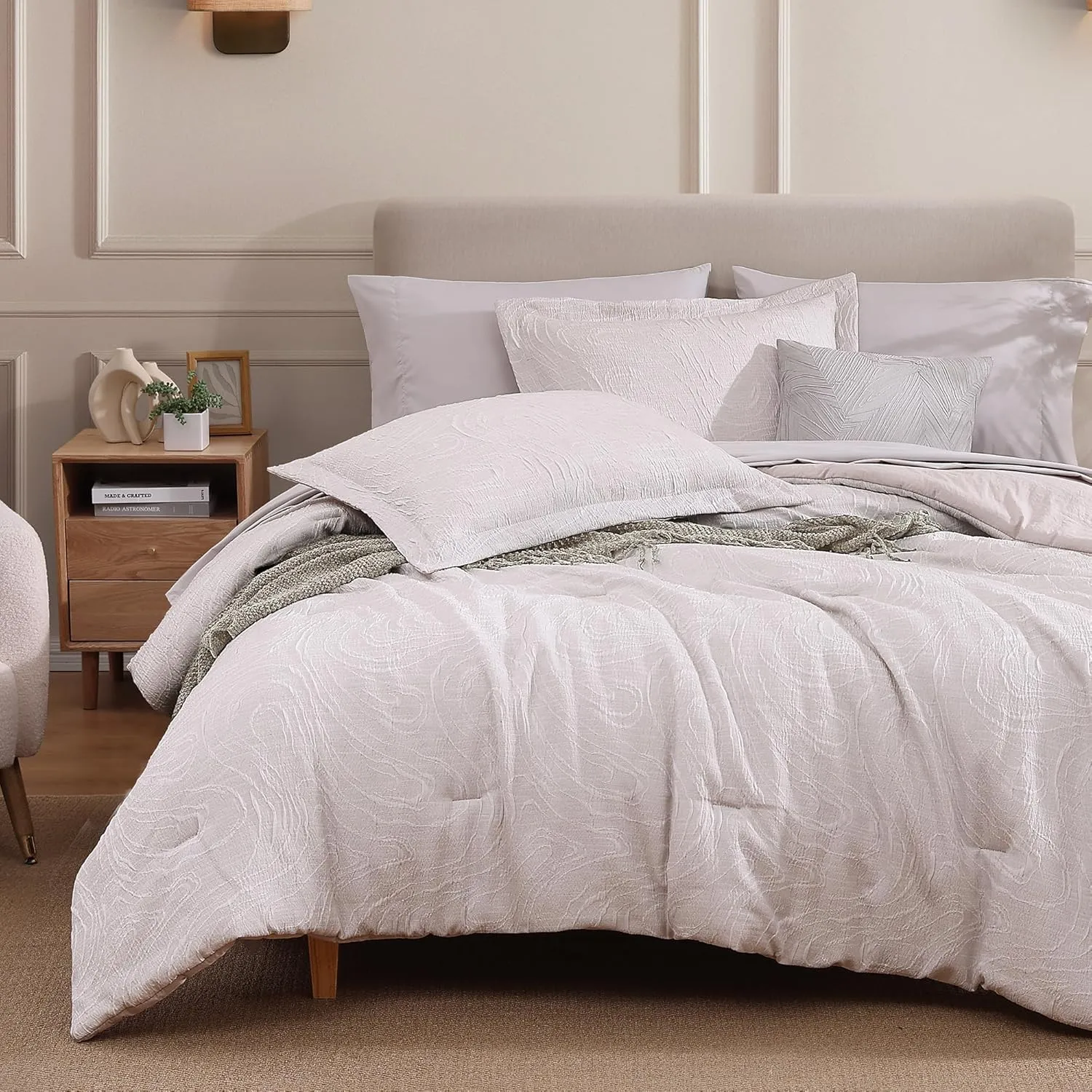 Monbix Jacquard Full Size Comforter Sets, 7 Pieces Pebble Marble Farmhouse Bedding Set, All Season Bed in a Bag with Comforter, Sheets, Pillowcases & Shams (Full, 80''x90'')