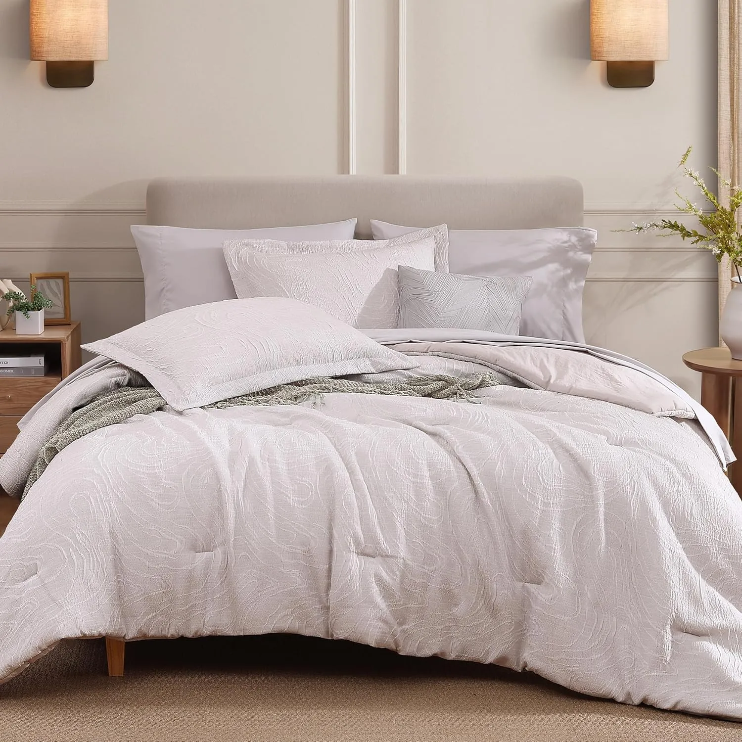 Monbix Jacquard Full Size Comforter Sets, 7 Pieces Pebble Marble Farmhouse Bedding Set, All Season Bed in a Bag with Comforter, Sheets, Pillowcases & Shams (Full, 80''x90'')