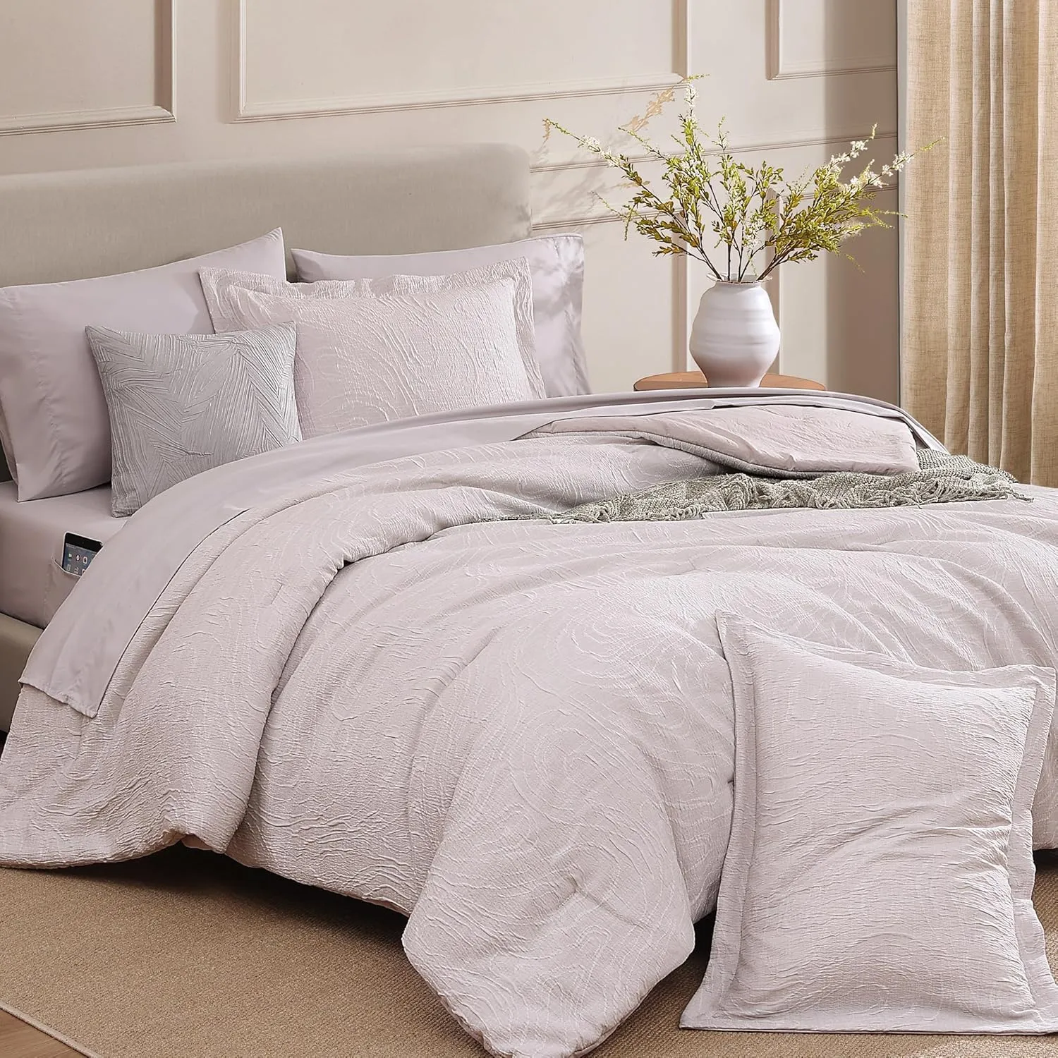 Monbix Jacquard Full Size Comforter Sets, 7 Pieces Pebble Marble Farmhouse Bedding Set, All Season Bed in a Bag with Comforter, Sheets, Pillowcases & Shams (Full, 80''x90'')