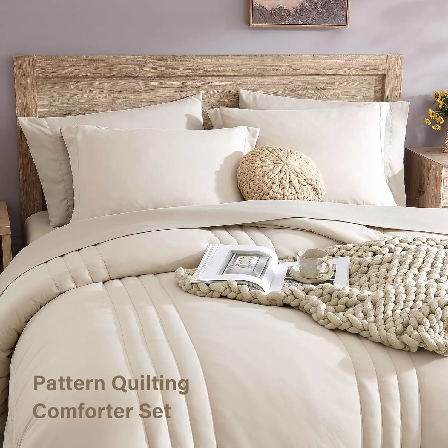 Monbix King Size Comforter Set - 7 Pieces Bed in a Bag King, Apricot Beige Bedding Sets with Comforter, All Seasons Down Alternative Comforter Bed Set with Sheets, Pillowcases & Shams
