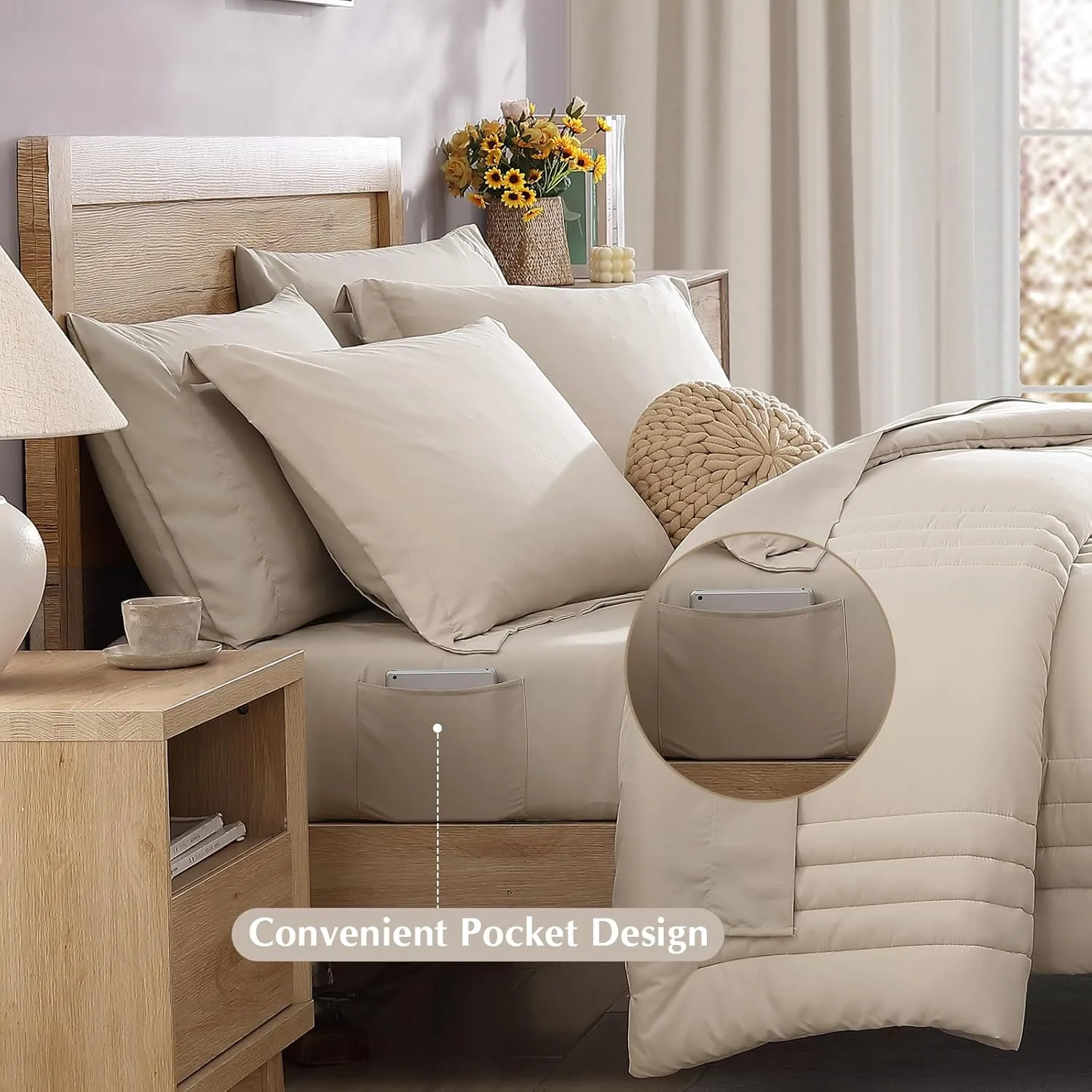 Monbix King Size Comforter Set - 7 Pieces Bed in a Bag King, Apricot Beige Bedding Sets with Comforter, All Seasons Down Alternative Comforter Bed Set with Sheets, Pillowcases & Shams
